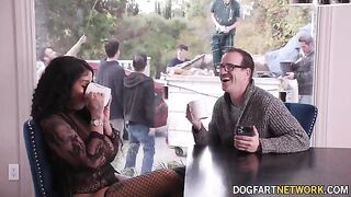 Ebony babe Paris The Muse gets her mouth full of white cock in a bukkake