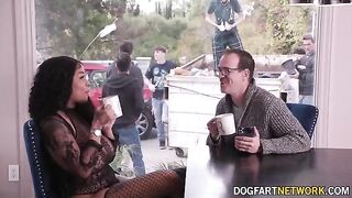 Ebony babe Paris The Muse gets her mouth full of white cock in a bukkake