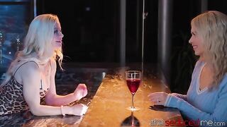 The bartender, a captivating lesbian with striking blonde hair, seduces her client