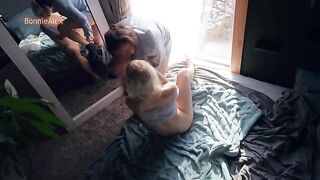 Romantic sex of real couple right in front of the mirror, so exciting!