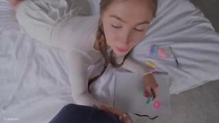 Cute stepsister tries to do her first blowjob and not spit on dick