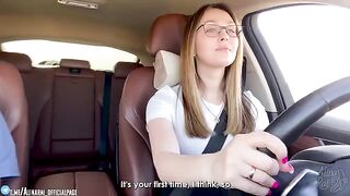 The guy is learning to drive, and his stepmom is helping him