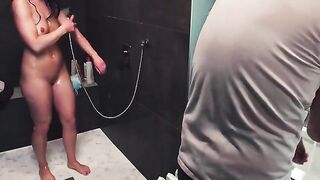 Handjob with a ruined orgasm in the shower