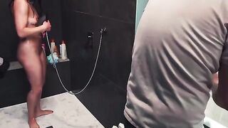 Handjob with a ruined orgasm in the shower