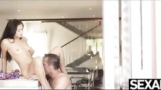 The brunette was fucked in the kitchen, bent over the counter