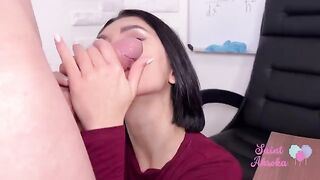 Student makes a mess on the table while doing her work and gets fucked
