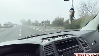 Blonde babe Canadian Sky Pierce gets fucked in public by car drivers