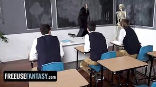 Hot teacher Valentina Nappi fucks three students hard on her table in a steamy classroom scene