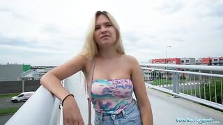 Public Agent Irina Cage flashes tits and ass on the bridge for cash