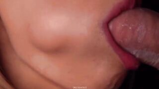 Horny babe sucks a dick with a condom and gets cum in her mouth. ASMR