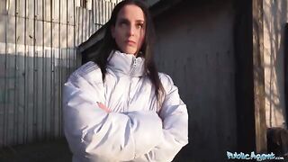 Public agent fucked a sexy brunette in the basement for cash