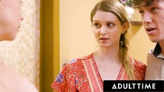 A sexy brunette introduces her boyfriend to her mom in a steamy scene