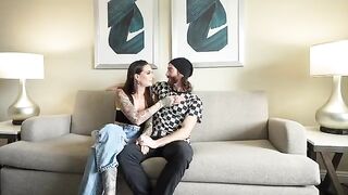 A stunning brunette gives her boyfriend a double blowjob for the first time