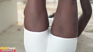 The black yoga teacher with big tits squirts on her client’s cock
