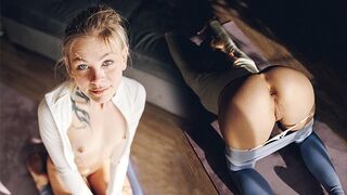 Petite chick with her yoga pants half down gets fucked hard and deep