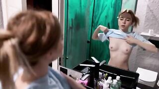 A cute girl surprises her boyfriend with sex in the bathroom, showcasing passionate cowgirl riding