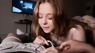 A cute girl surprises her boyfriend with sex in the bathroom, showcasing passionate cowgirl riding