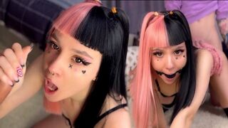 Emo babe with a hot pink hairstyle gets gagging deepthroat