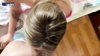 MILF stepmom with huge boobs seduced her stepson and gave him a blowjob