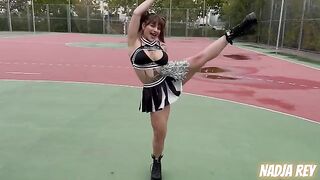 A girl in a cheerleader outfit was fucked on the street and swallowed the semen