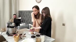 Two girls have a threesome while cooking Russian syrniki