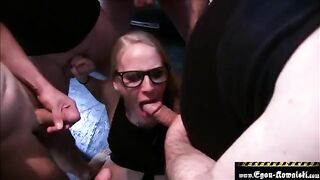 A huge load of sperm on the face of an amateur actress in a bukkake scene
