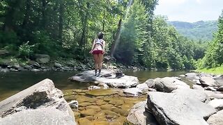 Outdoor sex on mountain hike, fucking in the river with real amateur couple AmyGabe