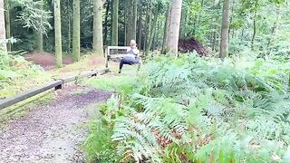 A hot woman-jogger has sex with two strangers in the forest during her run
