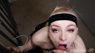 A girl with blue eyes deeply swallows a cock