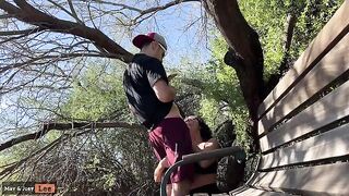 Busty girl almost gets caught giving a blowjob by the lake