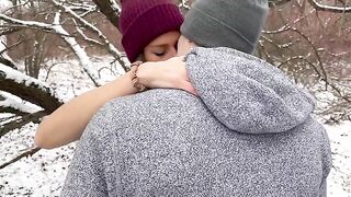 A huge double creampie for the wife from her husband and his friend in the snow