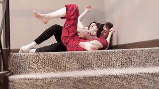 A pervert stepsister fucked on the stairs, her mouth filled with cum