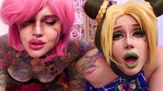 Kinky woman in purple is fucking with two guys, showcasing cosplay flair