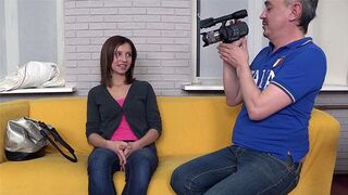 Skinny brunette babe gets banged on the couch at casting in HD