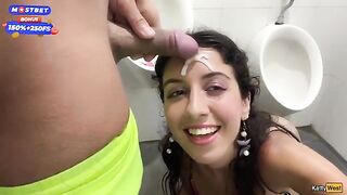 Public blowjob and cumwalk in waterfall with many people around