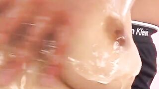 Japanese girl rubs her member with oil between big boobs, amazing!