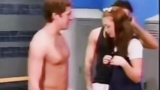 A cute schoolgirl was double penetrated by boys in the locker room