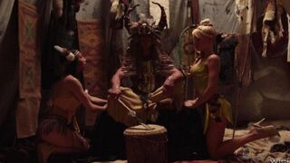 Red-skinned babes fuck two guys in a hot fairytale threesome