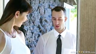 A hot woman with big boobs fucks with a noble man on the couch