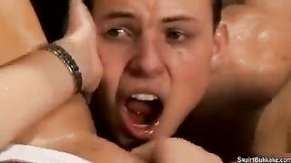 Bukakke in the mouth, not just a swallow, but a whole bukakke