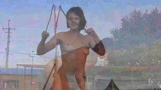A naked girl plays with soap bubbles on the beach. It’s a hot summer day and she has no shame. She appears completely naked on the nudist beach, embodying the carefree spirit of naturism that defines such destinations. Soap bubbles pop in the wind while s