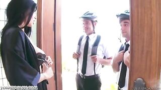 A woman with beautiful big tits is fucking with Jehovah’s witnesses