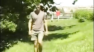 A guy masturbating his big dick in the hayloft
