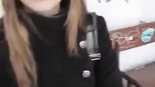 A girl is not embarrassed to lick the cock in public place