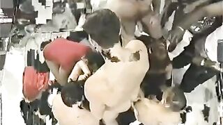 Bunch of guys fuck tasty young chick with giant boobs in public