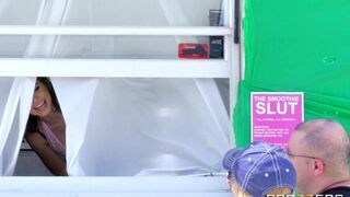 A man fucked his girlfriend in a mobile diner, she has beautiful tits