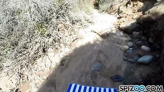 A girl with big natural tits is fucking with a guy in nature