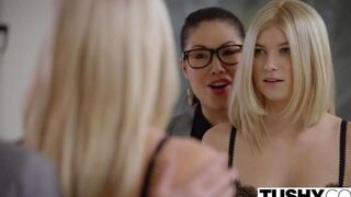 Sex in stockings with a cute blond girl on the bed