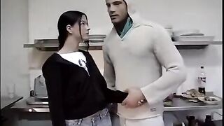 The guy deprived the virgin brunette in the kitchen