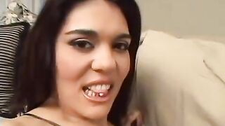 Two guys fuck brunette whose sex is hidden under the skirt